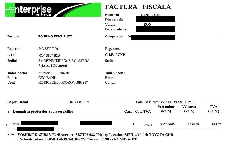 ルーマニアのレンタカー会社Touring Rent Autoの請求書（氏名・日付・車両番号は加工済み）