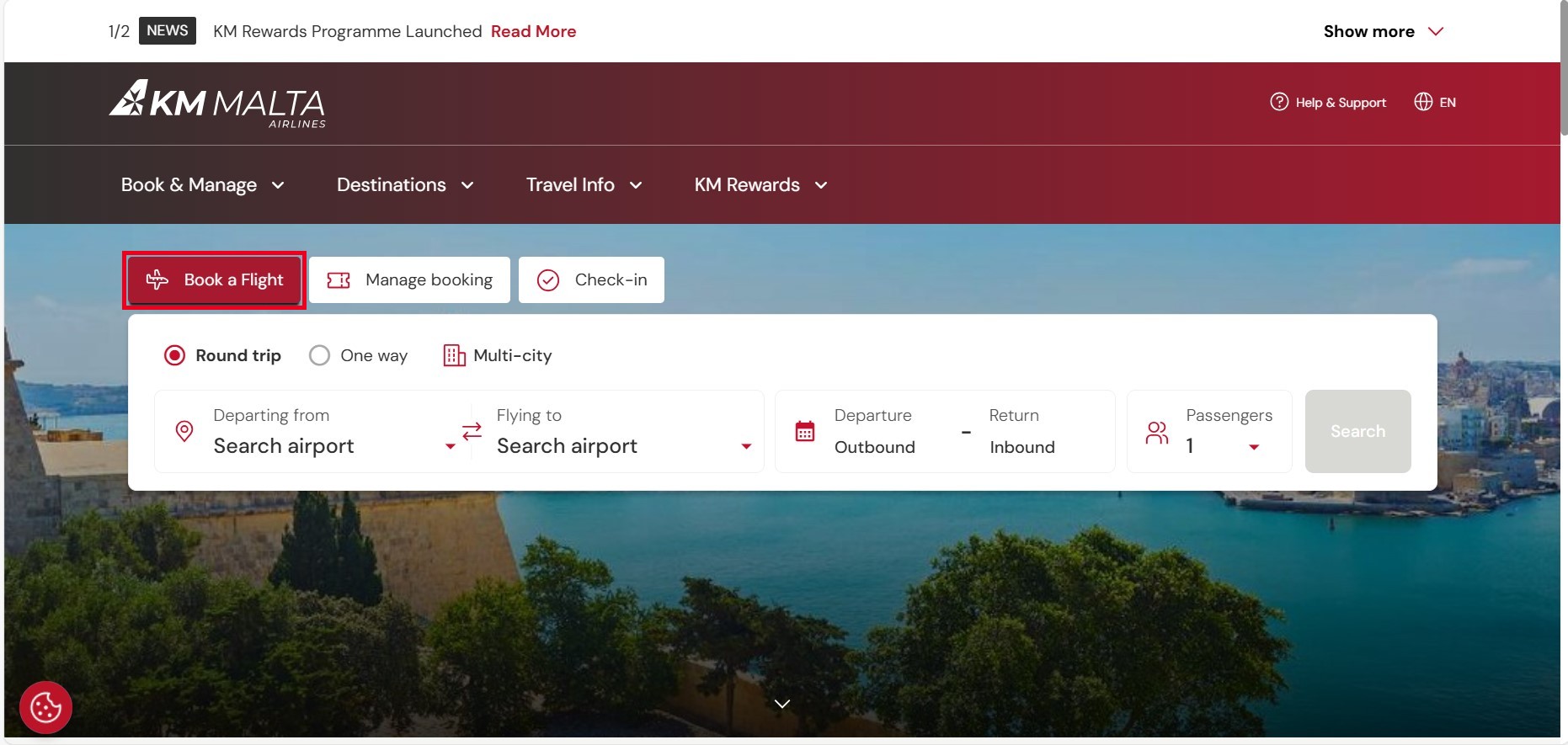 KMマルタ航空 公式サイトのトップページでBook a Flightを選ぶ